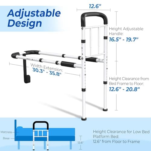 BigDolphin Bed Rails for Elderly Adults Safety - ASTM Approved Adjustable Bed Cane Supports 350LBS with Non-Slip Grip & Storage Pocket, Stable Bed Assist Rails for Seniors, Tool-Free