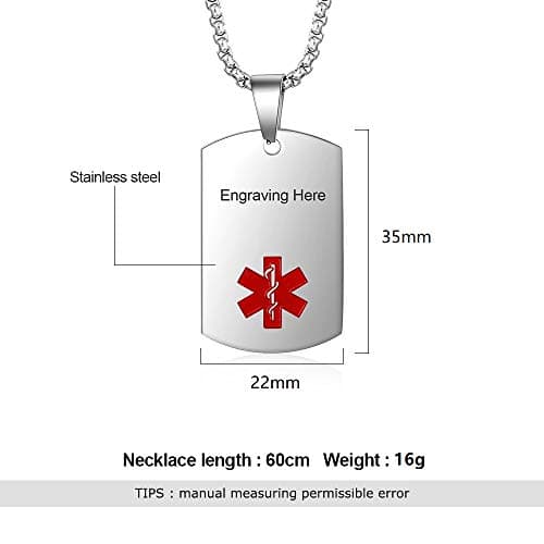 Stainless Steel Custom Medical Alert Necklace for Men & Women – Engraved Emergency Medical ID Tag for Him and Her, Life-Saving Med Alert Jewelry for Allergies, Conditions, and Emergency Contacts (Silver)