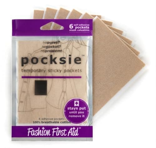 Pocksie Temporary Sticky Pockets 6 pcs Beige Soft Cotton with Adhesive to Stash Cards in Leggings, Bag, Cardigan