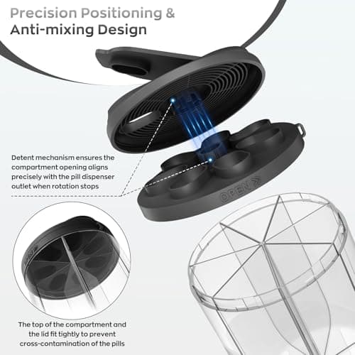 Hionxmga Pill Bottle Organizer with 7 Large Compartments, Pill Dispenser for Travel, Supplement Organizer with Anti-Mixing Design, BPA-Free Pill Container with 20 Pcs Labels, Black