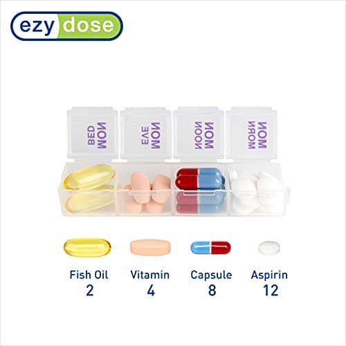EZY DOSE Weekly (7-Day) Daily Pill Case, Medicine Planner, Vitamin Organizer Container, 4 Times a Day, Small Removable Compartments, Covenient and Easy to Use, Color May Vary, Clear Lids, BPA Free