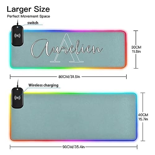 Teal Custom Wireless Charging Mouse Pad for Mobile Phone Personalized Extra Large Gaming Mousepad with 13 Lighting Modes Extended Desk Mat for MacBook PC Laptop Desk Office Home Gaming