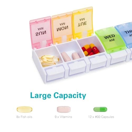 Sukuos AM PM Weekly Pill Organizer 2 Times A Day, Large Daily Pill Box Case 7 Day with Easy Push Button Design, Detachable Medicine Holder for Vitamin/Fish Oil/Supplements (Rainbow)
