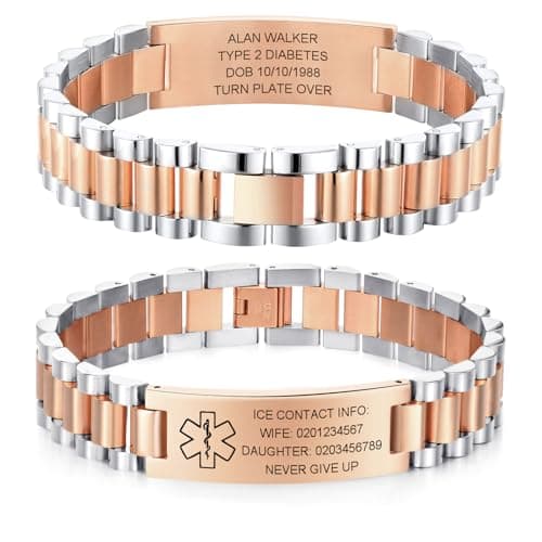 Customizable Medical Alert Bracelets Personalized Medical ID Bracelet Rose Gold Silver Watch Band Style Engraved Bracelet Elderly Emergency Alert Bracelets for Diabetic Seizure Alzheimers Autism