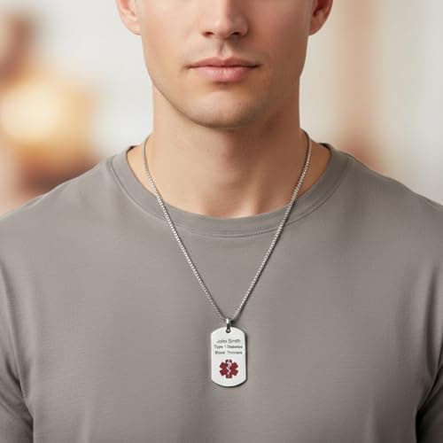 Medical Alert ID Dog Tag Necklace for Men Women, Customizable Engraving, Medical Jewelry for Emergency, Silver Stainless Steel, Hypoallergenic, Waterproof, Includes Gift Box & Medical ID Wallet Card