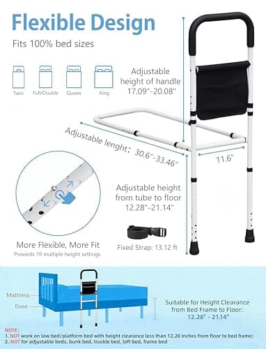 BOLESHU Bed Rails for Elderly Adults Safety, Adjustable Bed Assist Rails for Seniors, Bedrails with Support Legs and Storage Pocket, Bed Railing Cane Fit Single, Double King,Queen,Full, Twin Beds