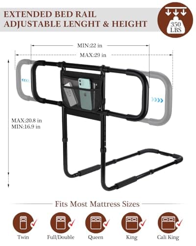 Siebenschläfer Bed Rails for Elderly Adults Safety, Extended Bed Assist Rail for Seniors - Adjustable Side Bed Guard Rails Handle Support Bar with Storage Bag, Fit King Queen Full Twin Beds