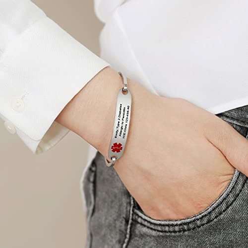 VNOX Medical Alert ID Bracelet - Custom Engraving Stainless Steel Medical Alert ID Bracelet for Women,6.3-7.5"