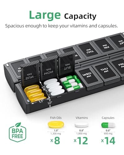 PULIV Weekly Pill Organizer 2 Times a Day with Magnetic Foldable Design for Dual Protection, Large AM PM Pill Box Case for Travel, Compact Medication Organizer for Vitamins, Fish Oils and Supplements
