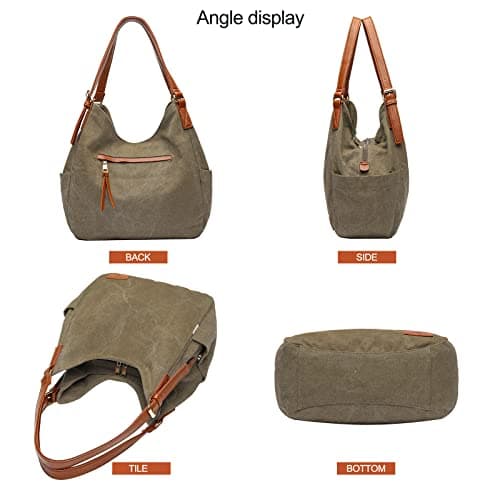 Worldlyda Women Canvas Hobo Purse Multi Pocket Tote Shopper Shoulder Bag Casual Top Handle handbag with Embroidery Ethnic BE06Army Green