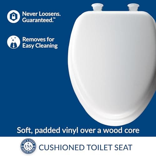 Mayfair Padded Toilet Seat, Cushioned Soft Vinyl over Wood Core Seat, Secure Hinges, Easy Clean, Made in USA, Elongated, White