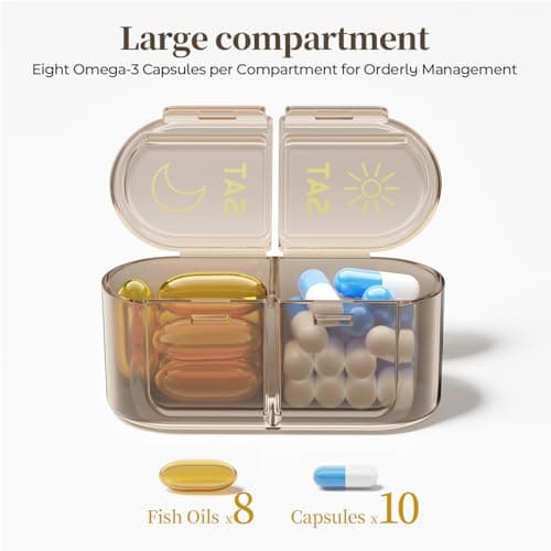 Betife AM PM Pill Organizer 7 Day, Weekly Pill Organizer 2 Times a Day, Daily Pill Box AM PM, Portable Travel Medicine Case, Day and Night Pill Container for Medication, Vitamin or Supplement（Brown）