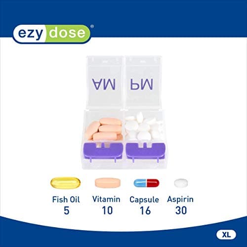 EZY DOSE Daily Push Button Pill Case, Medicine Planner, Vitamin Organizer Box, 2 Times a Day, AM/PM Large Compartments, Arthritis Friendly, Clear Lids, Color May Vary, BPA Free