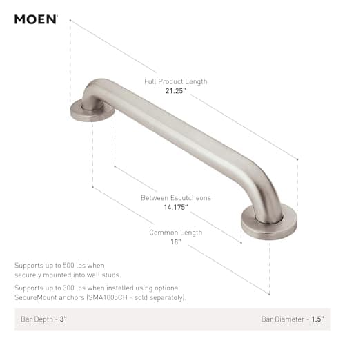 Moen Home Care Bathroom Safety 18 Inch Stainless Steel Handicap Grab Bar for Bathtub and Shower, Elderly Assistance Product with Concealed Screws, Polished Brass, R8918