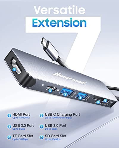 Hiearcool USB C Hub for MacBook – 7-in-1 USBC Adapter with 4K HDMI, 100W PD, USB 3.0 5Gbps Ports, SD/TF Card Reader – USB-C Dongle for Office, Meetings, Travel & Home Setup-Space Grey