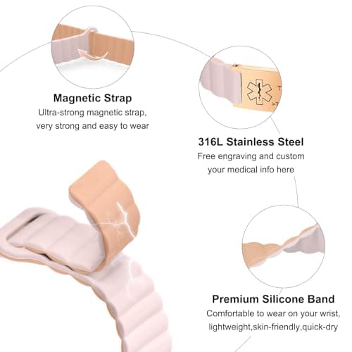 YOUNIFLARE Personalized Medical Alert Bracelet - Magnetic Silicon Customized Emergency ID Bracelet, Engraved Medic Info Wristband for Autism, Allergy, Diabetes, Epilepsy (White/bisque-Rose gold tag)