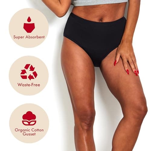 The Period Company High Waist Absorbent Period Underwear for Women Medium Flow — Reusable, Super-Absorbent, Leak Resistant Period Panties — Ultra Soft Microfiber with Organic Cotton Gusset — Black, M