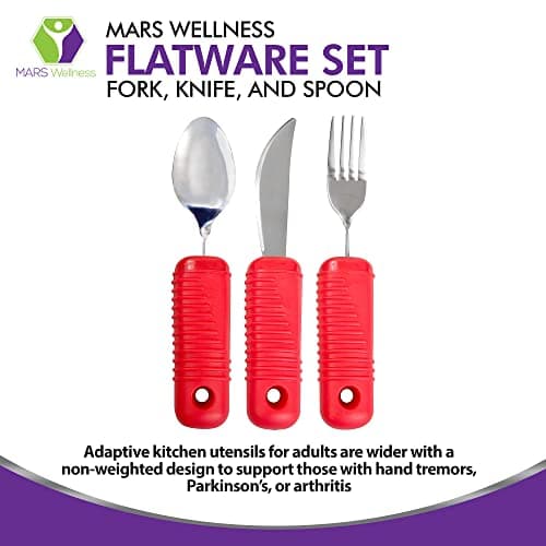 3 Piece Super Easy Grip Red Flatware Set - Bendable Built Up Large Fork, Knife, and Spoon - Red