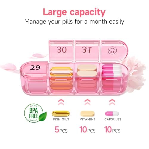 Zoksi Monthly Pill Organizer 1 Time a Day, 30 Day Pill Box Organizer Once a Day, One Month Large Pill Case for Travel, 31 Day Daily Medcine Container for Vitamins, Supplement & Medication (Pink)