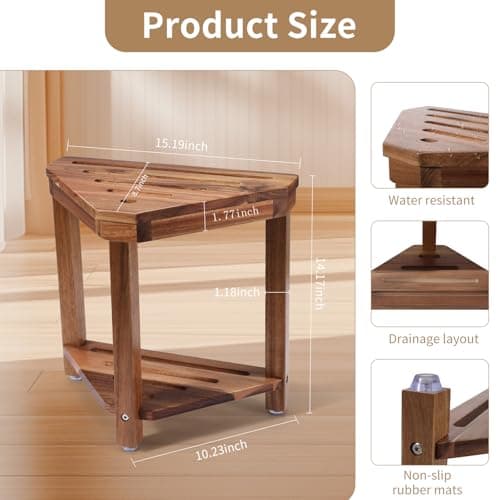 Boulphia Shower Foot Rest 14in, Acacia Wood Shower Stool for Shaving Legs, Waterproof Corner Shower Stool with Storage Shelf for Inside Small Shower Spaces, Wood Color
