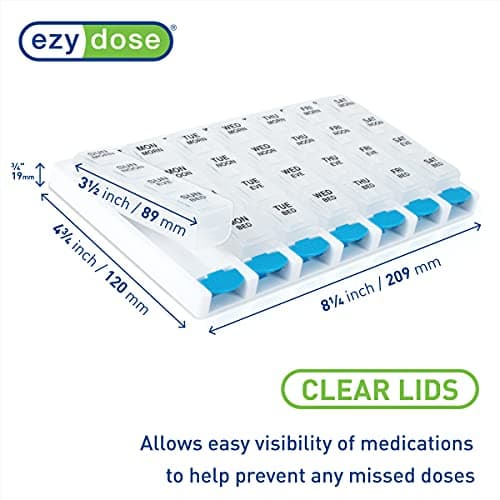 EZY DOSE Weekly (7-Day) Daily Pill Case, Medicine Planner, Vitamin Organizer Container, 4 Times a Day, Small Removable Compartments, Covenient and Easy to Use, Color May Vary, Clear Lids, BPA Free