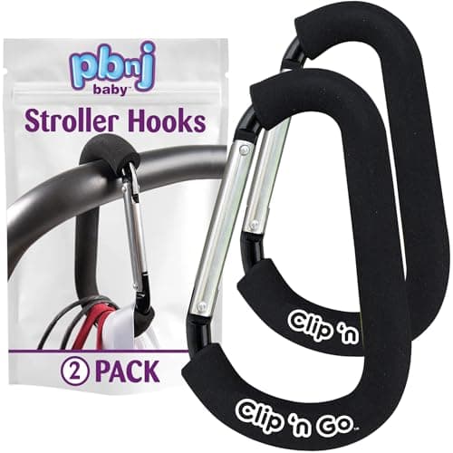 PBnJ Baby Stroller Hooks, 6.6" Extra Large Carabiner Clip, 2 Pack — Heavy Duty Stroller Clips for Hanging Bags, Patented Foam Handle Mommy Hook, Stroller Accessories for Shopping Purse Grocery Bag