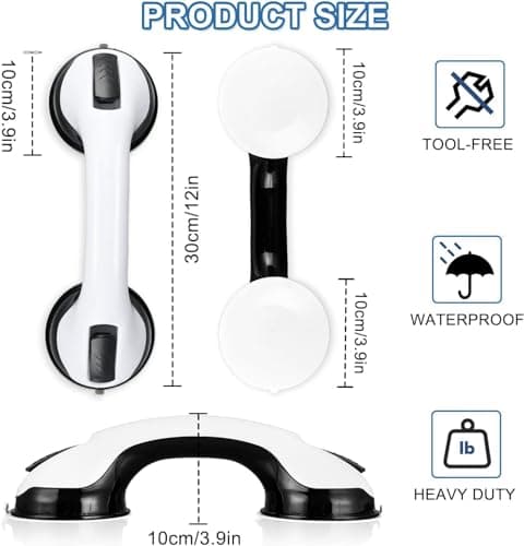 Grab Bars for Bathtubs and Showers, 2 Pack Shower Handle 12 Inch Strong Suction Shower Bar, Safety Bars for Shower Chair, Bathroom Grab Bar for Senior Black White