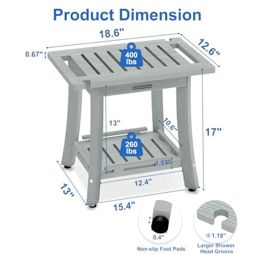KingPavonini HDPS Shower Benches for Inside Shower to Sit on, Waterproof Shower Stool for Shaving Legs, Heavy Duty 400LBS Shower Seat with Storage Shelf, Shower Chair for Bathroom/Indoor/Outdoor Use