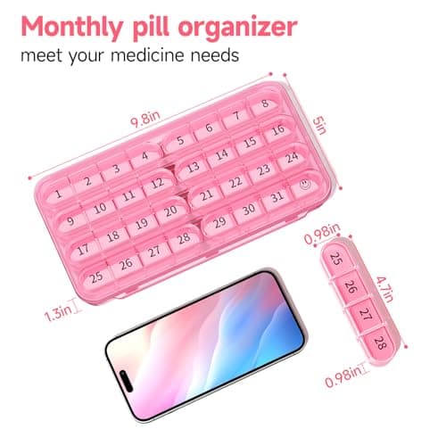 Zoksi Monthly Pill Organizer 1 Time a Day, 30 Day Pill Box Organizer Once a Day, One Month Large Pill Case for Travel, 31 Day Daily Medcine Container for Vitamins, Supplement & Medication (Pink)