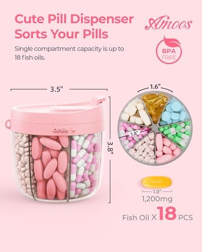 AMOOS Cute Pill Dispenser with 7 Compartments, Pill Bottle Organizer with Anti-Mix Design, Portable Pill Organizer for Travel with Wide Mouth for Easy Access, BPA-Free Patented Pill Container, Pink