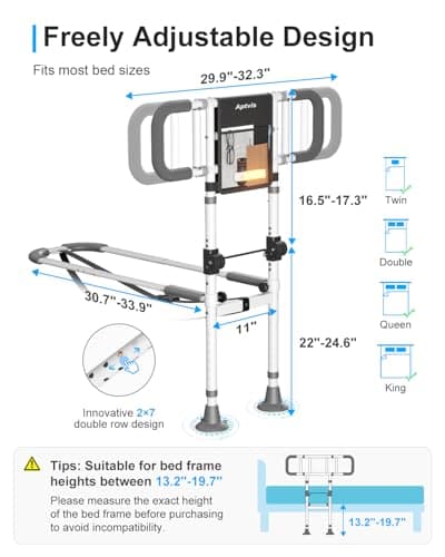 Bed Rails for Elderly Adults Safety - ASTM Compliant, 350 lb Heavy Duty Foldable Bed Assist Rail for Seniors, Adjustable Bed Cane with Non Slip Handle, Light & Pouch, Fits Twin Full Queen King Grey