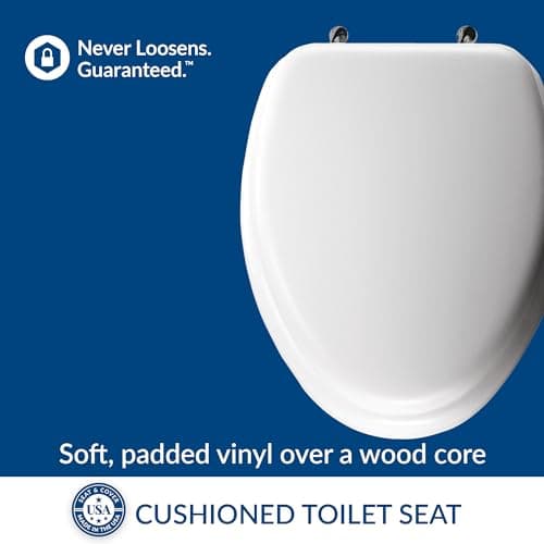 Mayfair Padded Toilet Seat with Chrome Hinges, Soft Vinyl over Wood Core Seat, Made in USA, Elongated, White