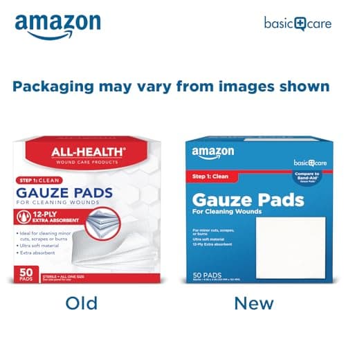 Amazon Basic Care Gauze Pads, 4x4" Sterile Medical Wound Dressing Sponges, 12-Ply, Extra Absorbent, for Cleaning, Covering & Cushioning Cuts & Minor Injuries, 50 Count, 1-Pack (Previously All Health)