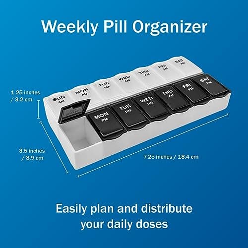 Amazon Basic Care 7-Day AM/PM Pill Organizer, Vitamin Case and Medicine Box with Large Compartments, 2 Times a Day, Black and Clear Lids