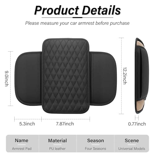 Amiss Car Center Console Cover, Upgraded Leather Car Armrest Cushion with 2 Storage Pockets, Universal Waterproof Cushion Pad, Non-Slip Car Interior Accessories, Fits Most Sedans SUVs Trucks (Black)