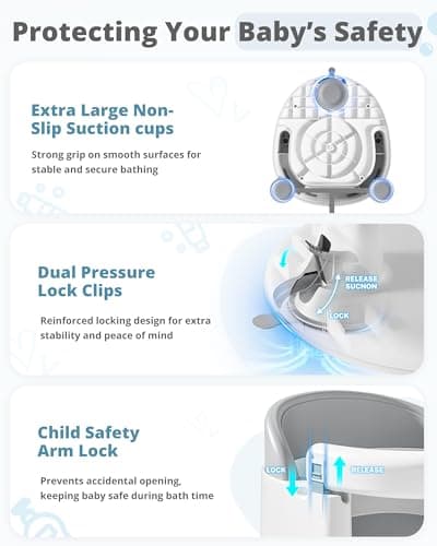 ONTHEWEI Baby Bath Seats for Babies Sitting Up, Non-Slip Baby Bathtub with 3 Suction Cups, Safe & Comfortable Toddler Bath Seat Ideal for Baby Bath/Shower Support, Stable Design, Grey (6-24 Months)