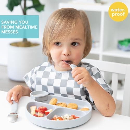 Bumkins Short Sleeve Bib for Girl or Boy, Toddler and Kids for 1-3 Years, Large Size, Essential Must Have for Junior Children, Eating, Mess Saving Soft Fabric Apron for Play, Charcoal Check