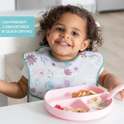 Bumkins Bibs for Girl or Boy, SuperBib Baby and Toddler for 6-24 Mos, Essential Must Have for Eating, Feeding, Baby Led Weaning Supplies, Mess Saving Catch Food, Waterproof Soft Fabric, Gray Floral
