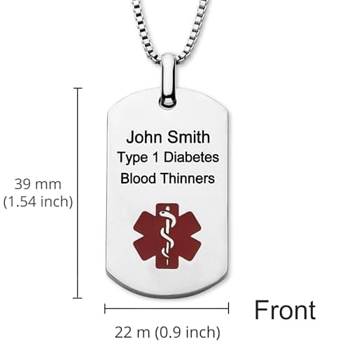 Medical Alert ID Dog Tag Necklace for Men Women, Customizable Engraving, Medical Jewelry for Emergency, Silver Stainless Steel, Hypoallergenic, Waterproof, Includes Gift Box & Medical ID Wallet Card