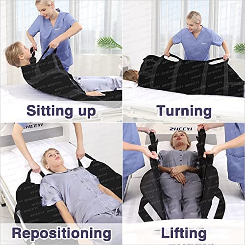 ZHEEYI Bed Positioning Pad with Reinforced Handles 48" x 40" Lifting Turning Patient Sheet Transfer Blanket for Caregiver, Bedridden, Elderly, Black