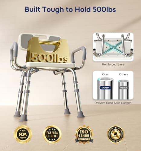 Bluelog Shower Chair for Inside Shower with Arms and Back, 500lbs Capacity Height Adjustable Shower Seat with Thickened Frame for Seniors, Elderly and Disabled