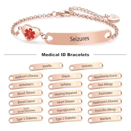 NARTGO Rose Gold Heart Medical Alert Blood Thinner Bracelet for Women Emergency First Aid Health Alert Engraved Stainless Steel Adjustable Chain Bracelets