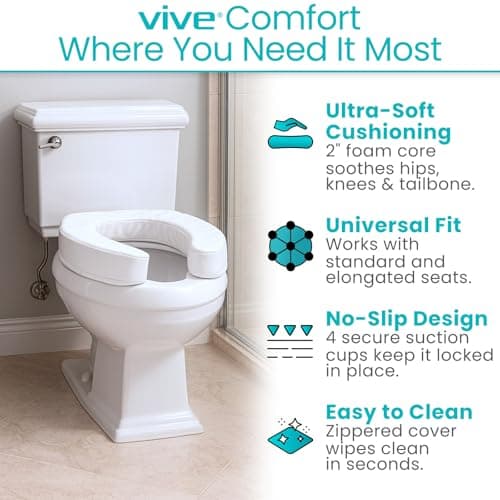 Vive Toilet Seat Cushion (Soft Cushioned Foam) - Easy Clean Soft Padded Bathroom Attachment - Elongated, Standard Seats - Comfort & Support Donut for Handicap Adults