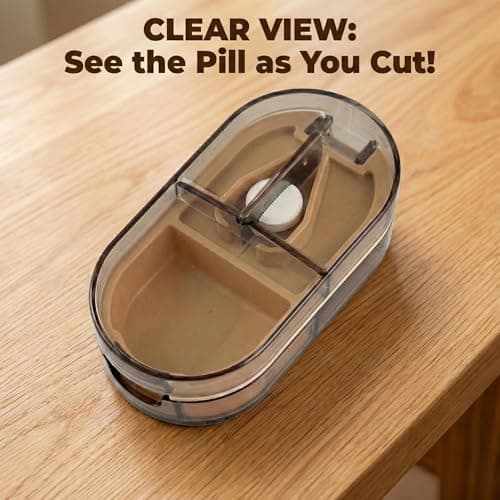 Doselle 2 Pack Pill Cutter for Small or Large Pills – Professional Medicine Splitter with Clear Cover & V-Grip Centering Device – Accurate 1/2 & 1/4 Cuts for Oval & Round Tablets (Gray & Brown)