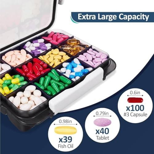 Fullicon Daily Travel Moisture Proof Pill Case with 12 Extra Large Compartment, Pill Organizer with 3 Secured Buckles, Large Supplement Box for Vitamin with Removable Dividers (Black)
