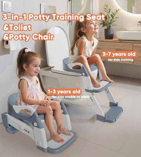 Wanchouse 3-in-1 Potty Training Seat & Training Toilet & Potty Chair, Height AdjustableToddler Toilet Seat for Kids, Foldable Potty Training Toilet with Splash Guard & Anti-Slip Steps (Gray)