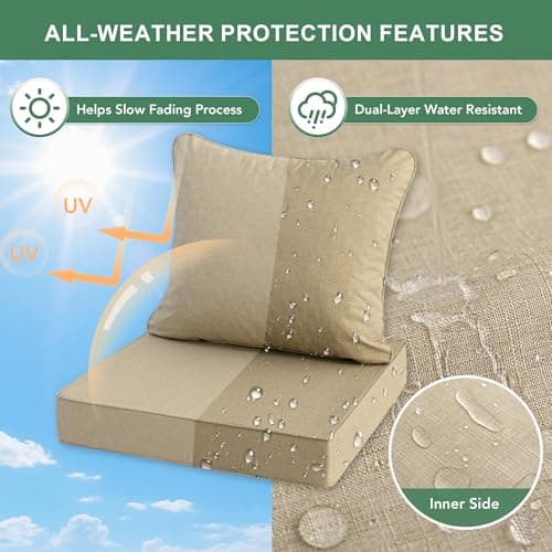 Summsun Outdoor Chair Cushions Set of 4, Faux Linen Patio Furniture Cushions, Water Resistant Backrest and Deep Seat Cushion Set with Ties, Removable Cover, Non-Slip Bottom, 24 x 24 Inch, Nature