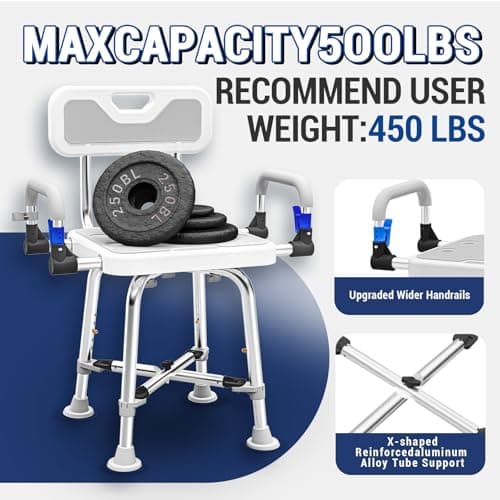 Shower Chair for Seniors Elderly Handicap Disabled Or Bariatric Adults Heavy Duty 500 Lbs Bench Seat for Inside Shower Stall and Bathroom Bath Tub with Arms and Back Adjustable Stool Chairs