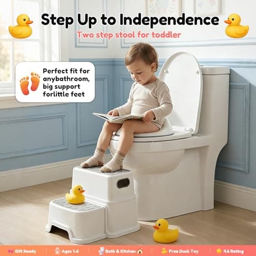 UNCLE WU Toddler Step Stool for Potty Training, Bathroom Sink & Toilet - 2 Step Kids Poop Stool, Non-Slip Step Stool with Handles, Dual Height Stepping Stool for Kitchen Counter (Include 2 Ducks)