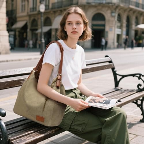 Worldlyda Women Canvas Hobo Purse Multi Pocket Tote Shopper Shoulder Bag Casual Top Handle handbag with Embroidery Ethnic BE06Army Green